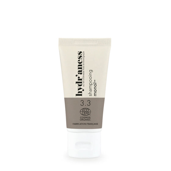 Travel-size Monoi shampoo, organic certified, with fresh donkey milk – 30 ml Hydr’aness.